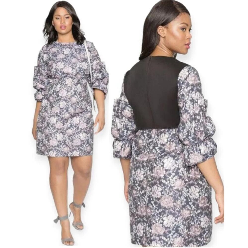 Eloquii Studio Puff Sleeve Metallic Floral Jacquard A-Line Dress Purple Women 16